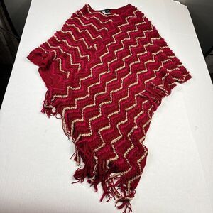 BCBGMaxazria Womens Poncho Sweater Zig Zag Print Fringe Shawl Wrap Cozy Cape OS